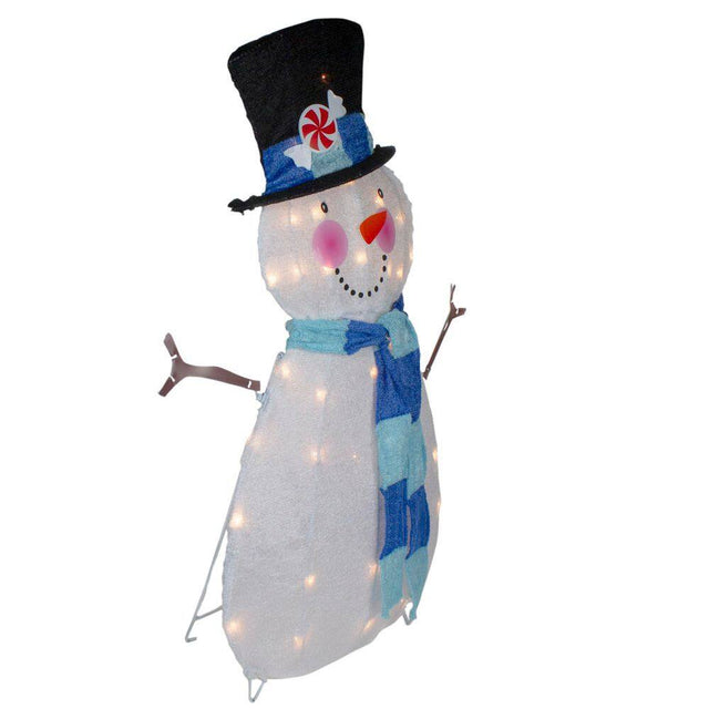 32 In. Lighted White and Blue Chenille Snowman Outdoor Christmas Decoration