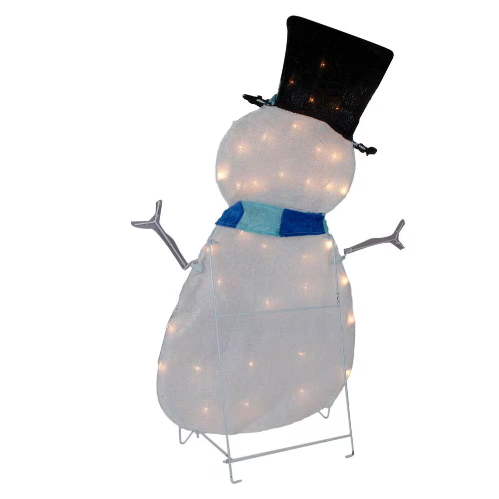 32 In. Lighted White and Blue Chenille Snowman Outdoor Christmas Decoration