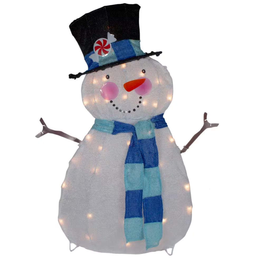 32 In. Lighted White and Blue Chenille Snowman Outdoor Christmas Decoration