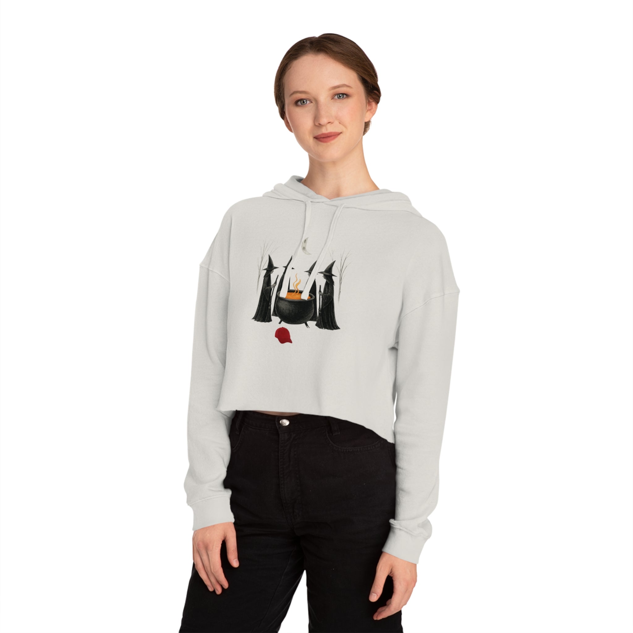 Witches get it done Hoodie, Halloween Sweatshirt, Cauldron Crop Top, Red Hat Cropped Jumper, Women's Pullover, Spooky Witch Hoodie
