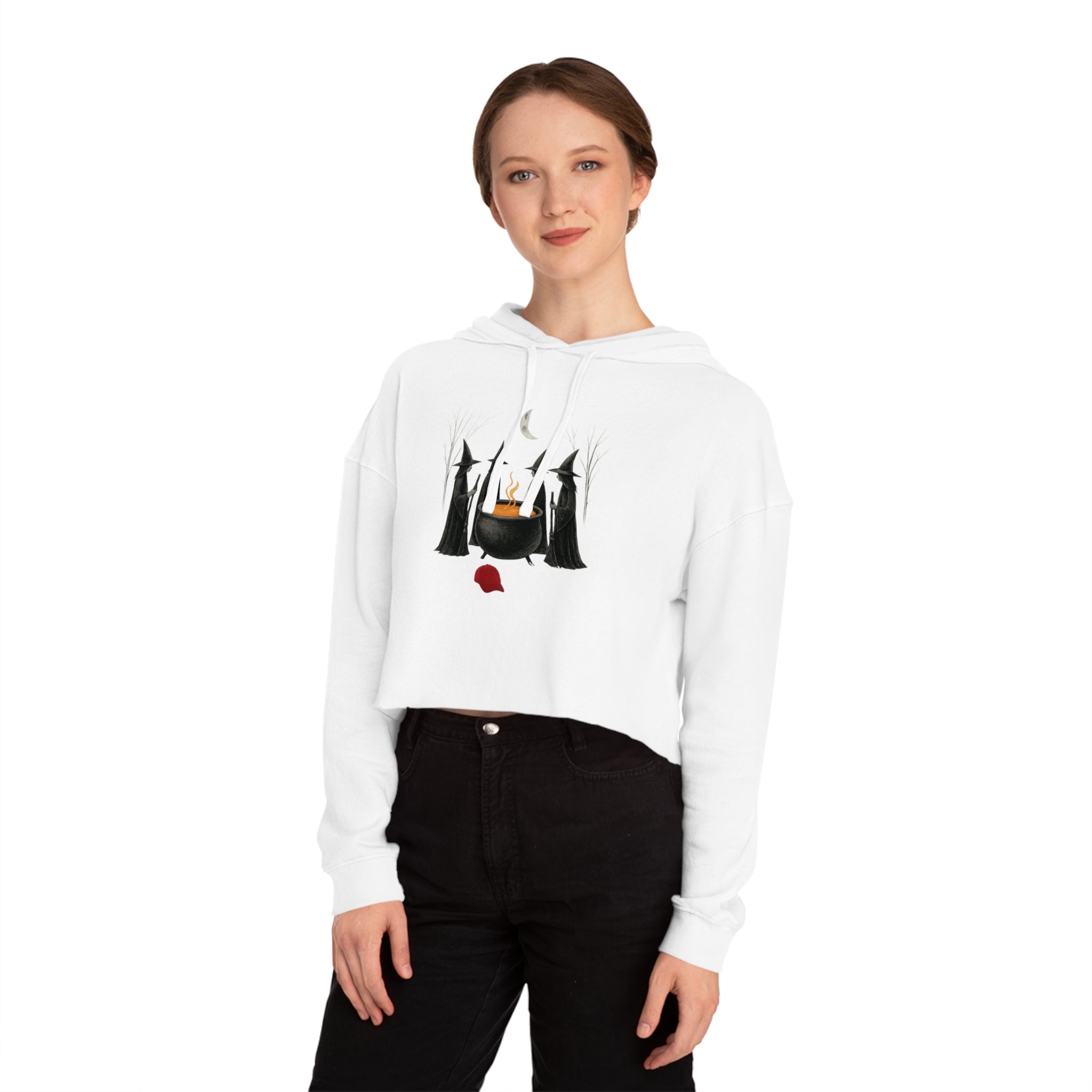 Witches get it done Hoodie, Halloween Sweatshirt, Cauldron Crop Top, Red Hat Cropped Jumper, Women's Pullover, Spooky Witch Hoodie