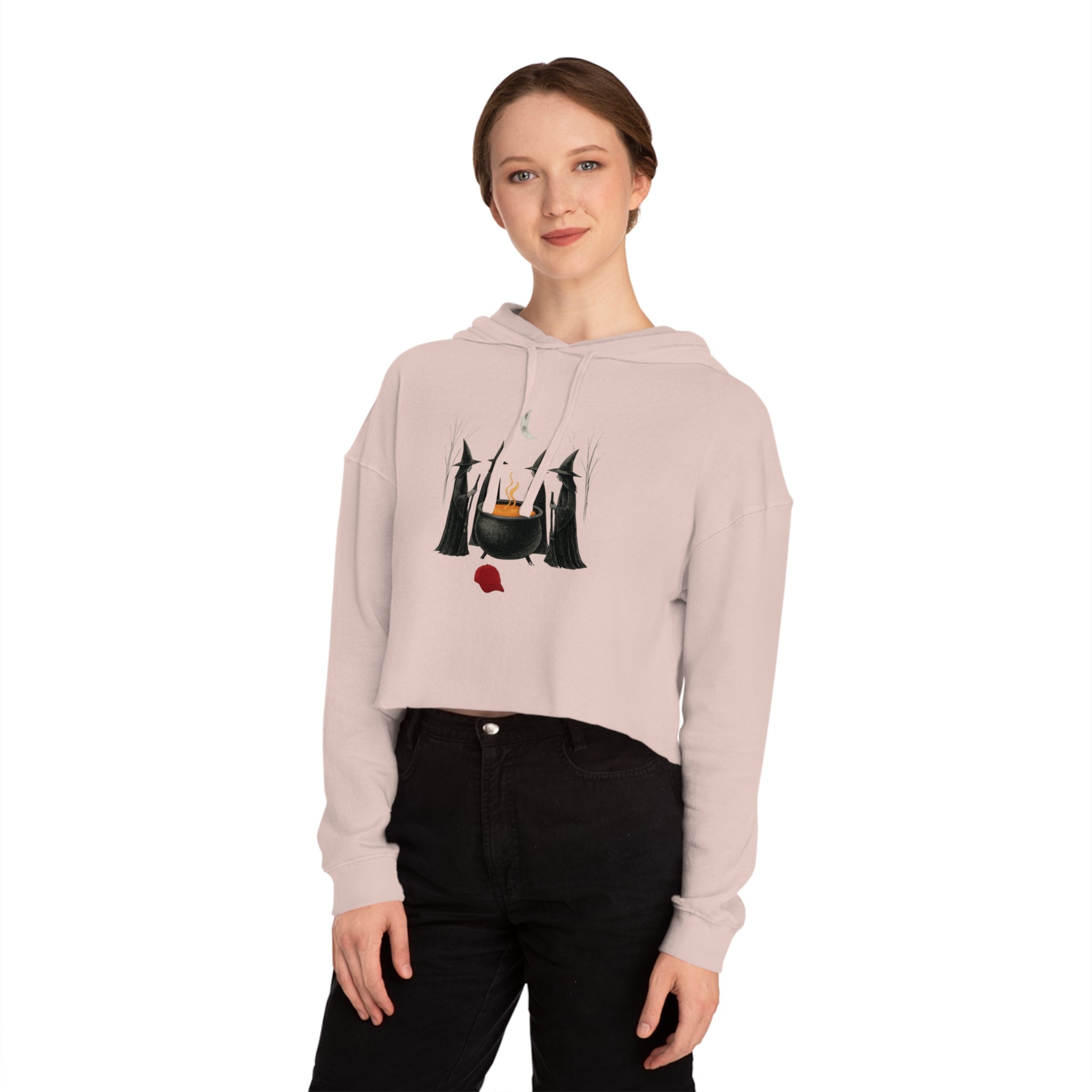 Witches get it done Hoodie, Halloween Sweatshirt, Cauldron Crop Top, Red Hat Cropped Jumper, Women's Pullover, Spooky Witch Hoodie