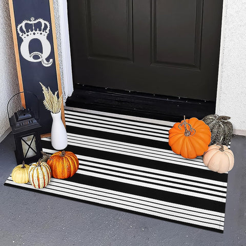 Fall Front Door Mat – Black & White Washable Handwoven Cotton Rug for Porch & Entryway