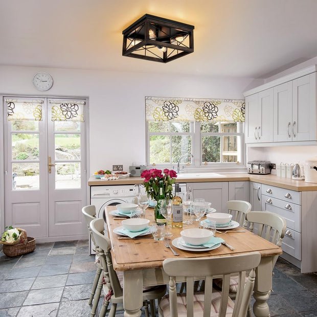 Rustic Wooden Flush Mount Ceiling Light – 4-Light Farmhouse Fixture for Home