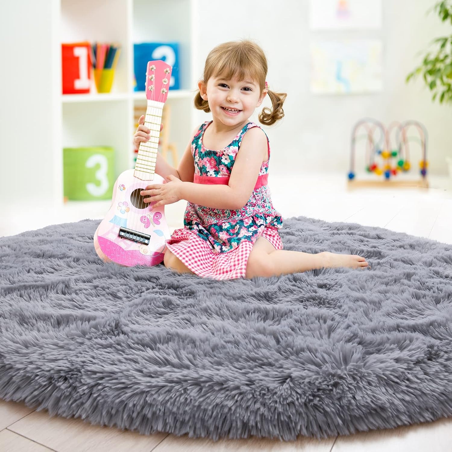 Round Fluffy Rug 5x5ft – Soft Plush Shaggy Carpet for Girls Bedroom & Nursery, Grey