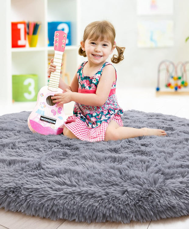 Round Fluffy Rug 5x5ft – Soft Plush Shaggy Carpet for Girls Bedroom & Nursery, Grey