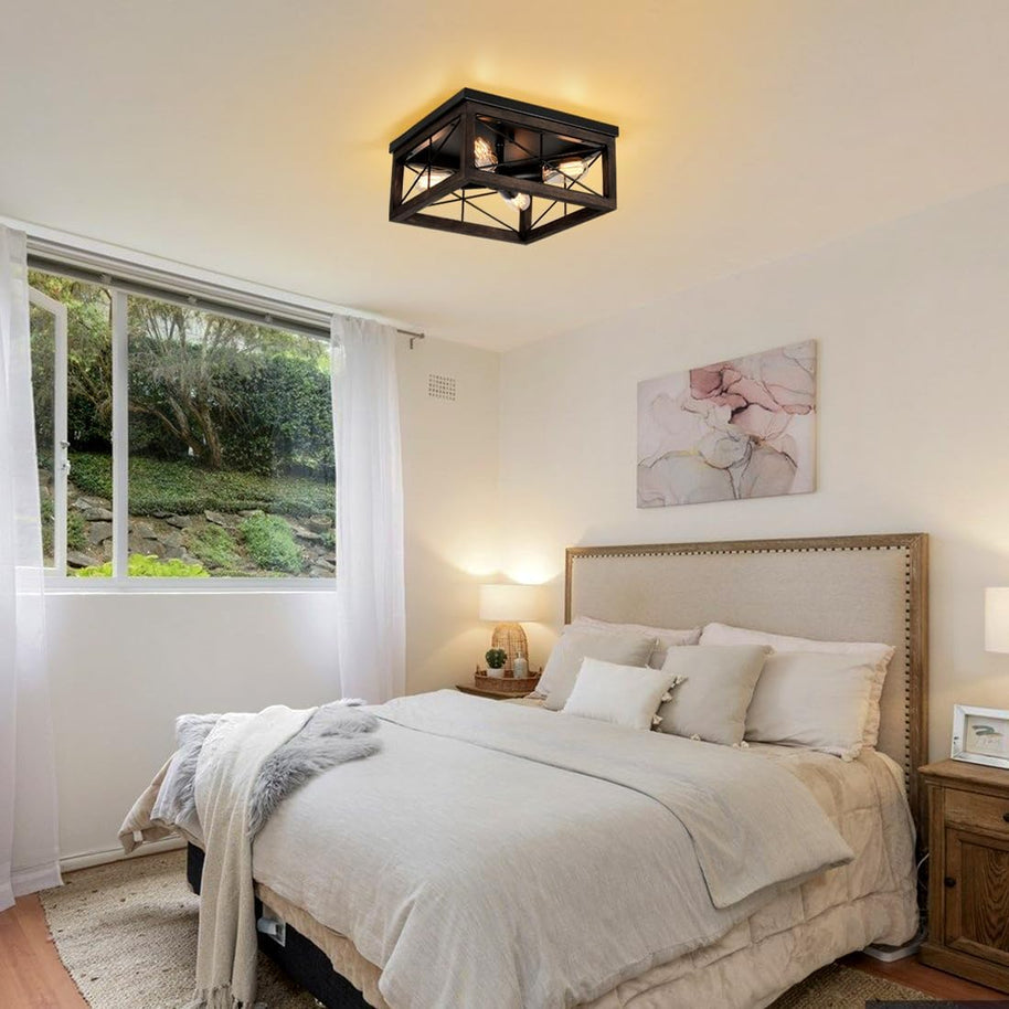 Rustic Wooden Flush Mount Ceiling Light – 4-Light Farmhouse Fixture for Home