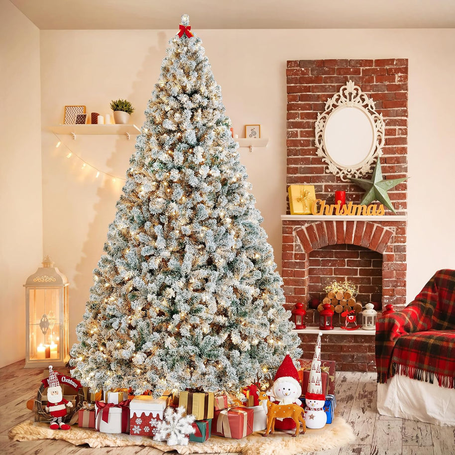 9FT Snow Flocked Pre-Lit Artificial Christmas Tree, Full Holiday Xmas Tree with Foldable Metal Stand