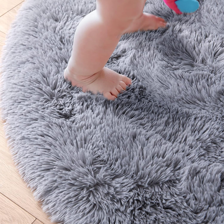 Round Fluffy Rug 5x5ft – Soft Plush Shaggy Carpet for Girls Bedroom & Nursery, Grey