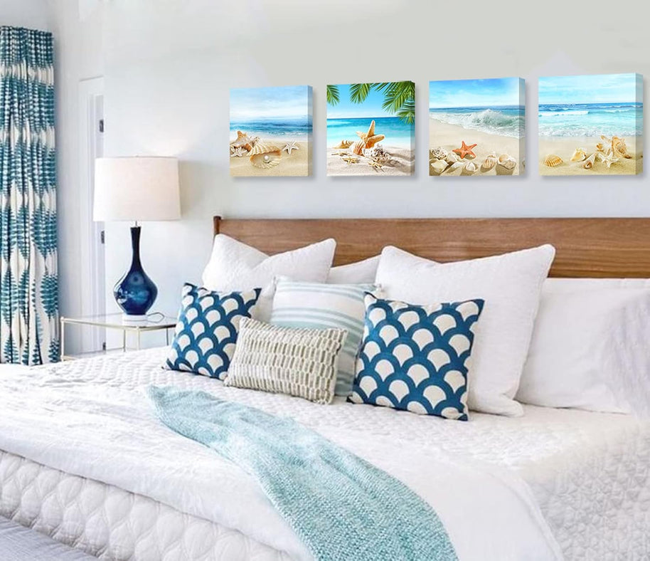 Beach Wall Art – Seashell & Starfish Ocean Canvas Prints for Bathroom or Bedroom
