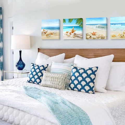 Beach Wall Art – Seashell & Starfish Ocean Canvas Prints for Bathroom or Bedroom