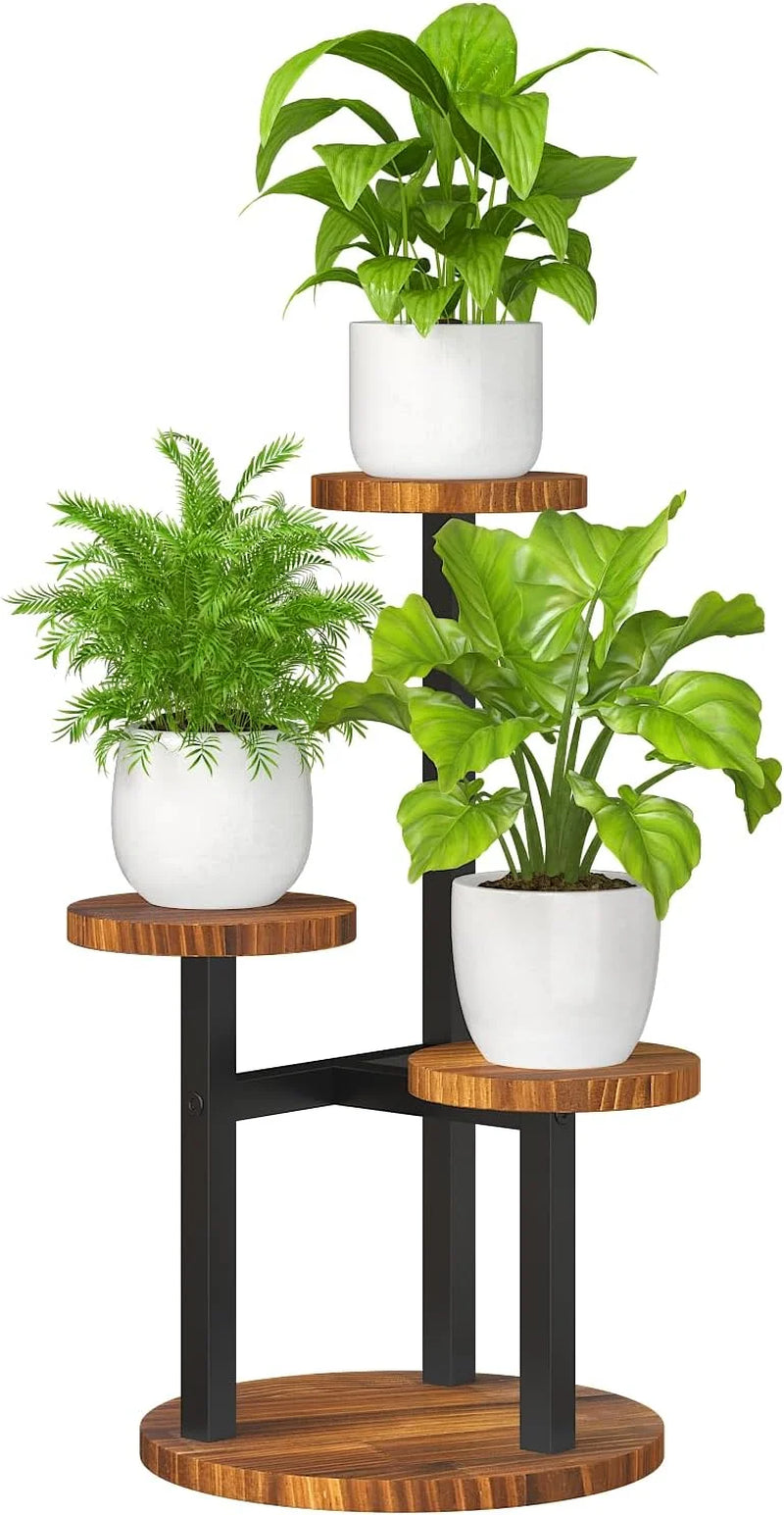 3 Tier Plant Stand, Tall Metal Wood Shelf Holder for Indoor, Outdoor Display Rack Flower Pot Stand for Corner Living Room Balcony Garden Patio