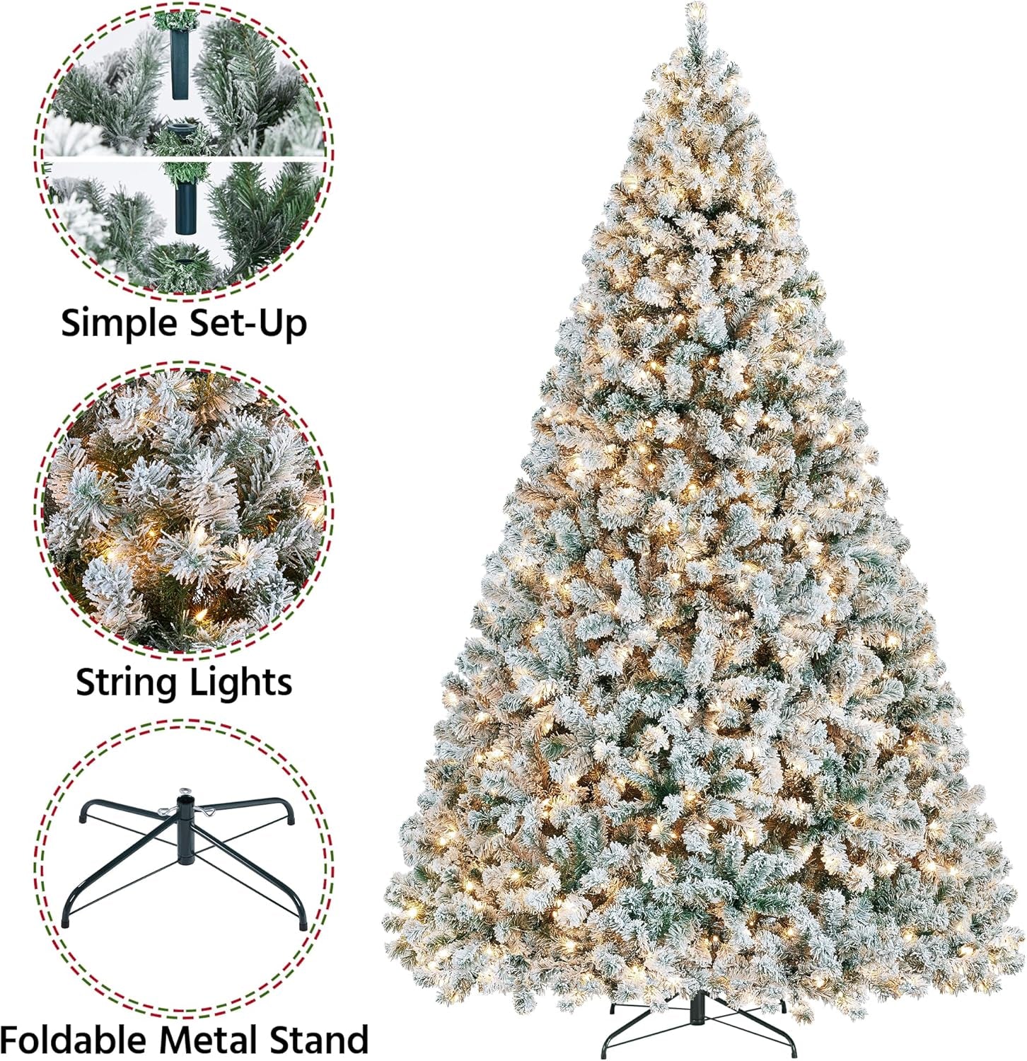 9FT Snow Flocked Pre-Lit Artificial Christmas Tree, Full Holiday Xmas Tree with Foldable Metal Stand