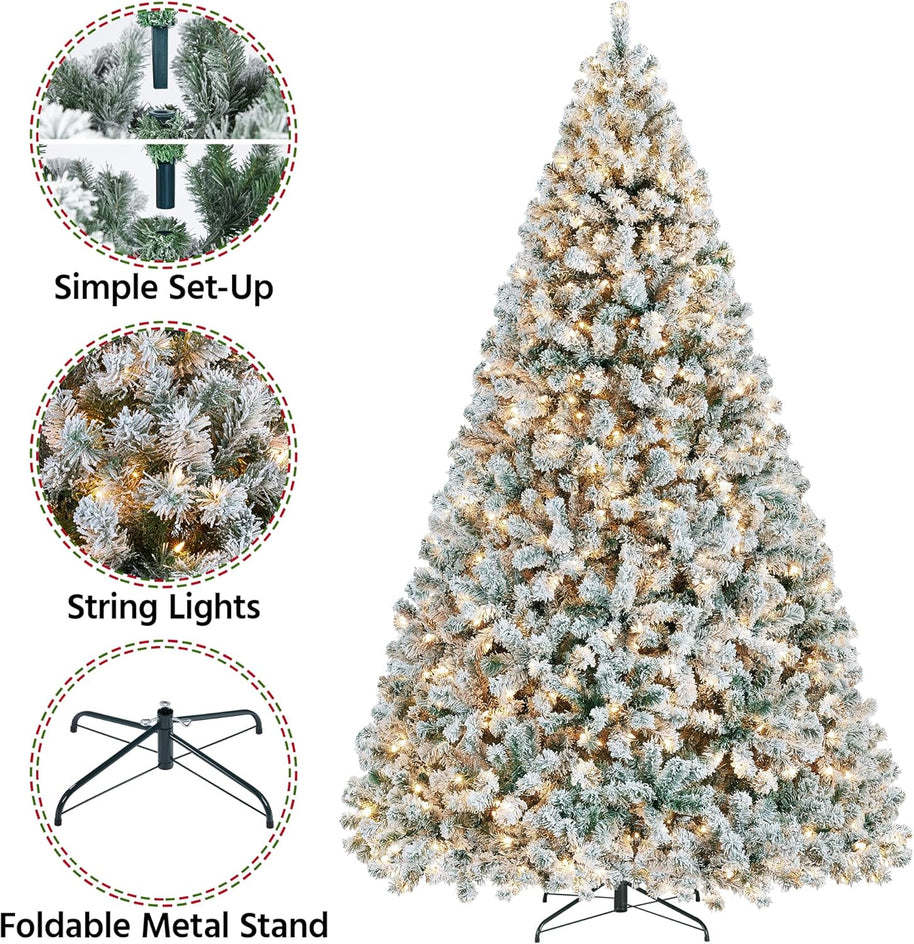 9FT Snow Flocked Pre-Lit Artificial Christmas Tree, Full Holiday Xmas Tree with Foldable Metal Stand