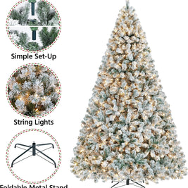 9FT Snow Flocked Pre-Lit Artificial Christmas Tree, Full Holiday Xmas Tree with Foldable Metal Stand
