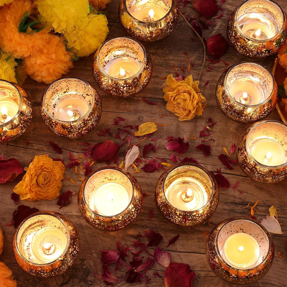 Round Gold Votive Candle Holders – Mercury Glass Set of 12 for Diwali & Home Decor