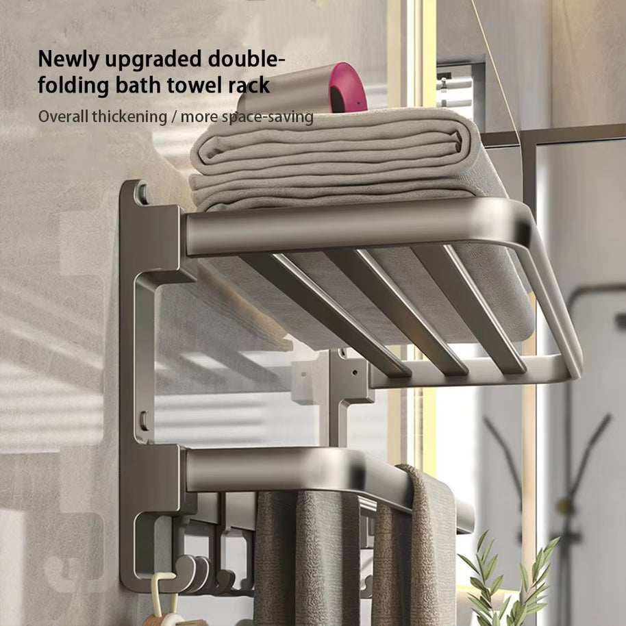 24" Foldable Towel Rack with Shelf & Hooks