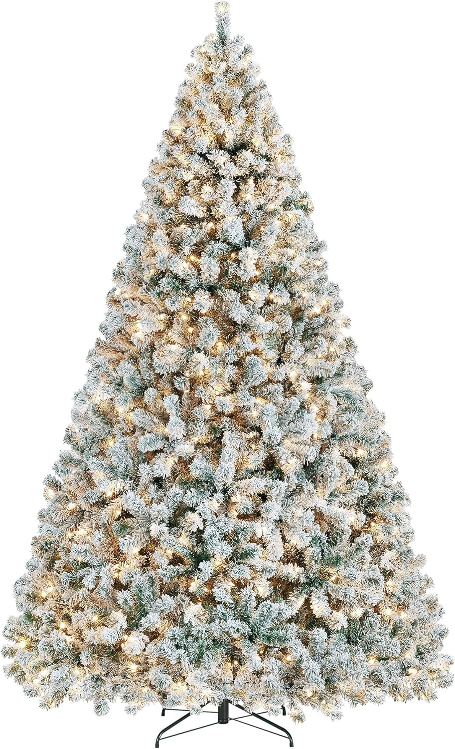9FT Snow Flocked Pre-Lit Artificial Christmas Tree, Full Holiday Xmas Tree with Foldable Metal Stand