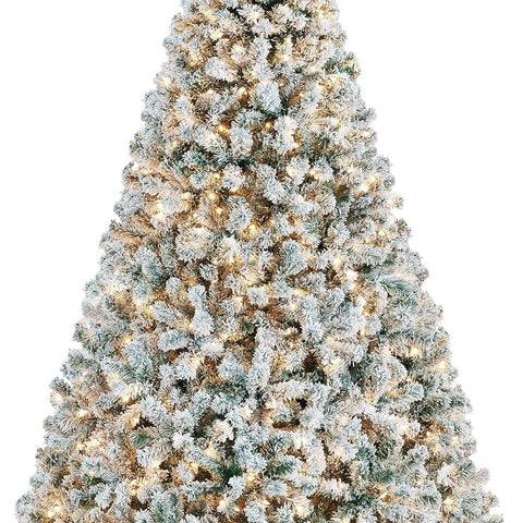 9FT Snow Flocked Pre-Lit Artificial Christmas Tree, Full Holiday Xmas Tree with Foldable Metal Stand