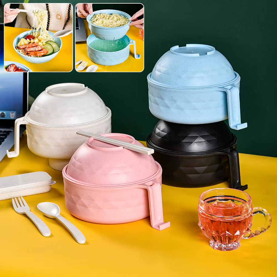 Microwave Ramen Cooker Bowl Set with Chopsticks, Spoon & Fork – Instant Noodle Bowl for Students & Home