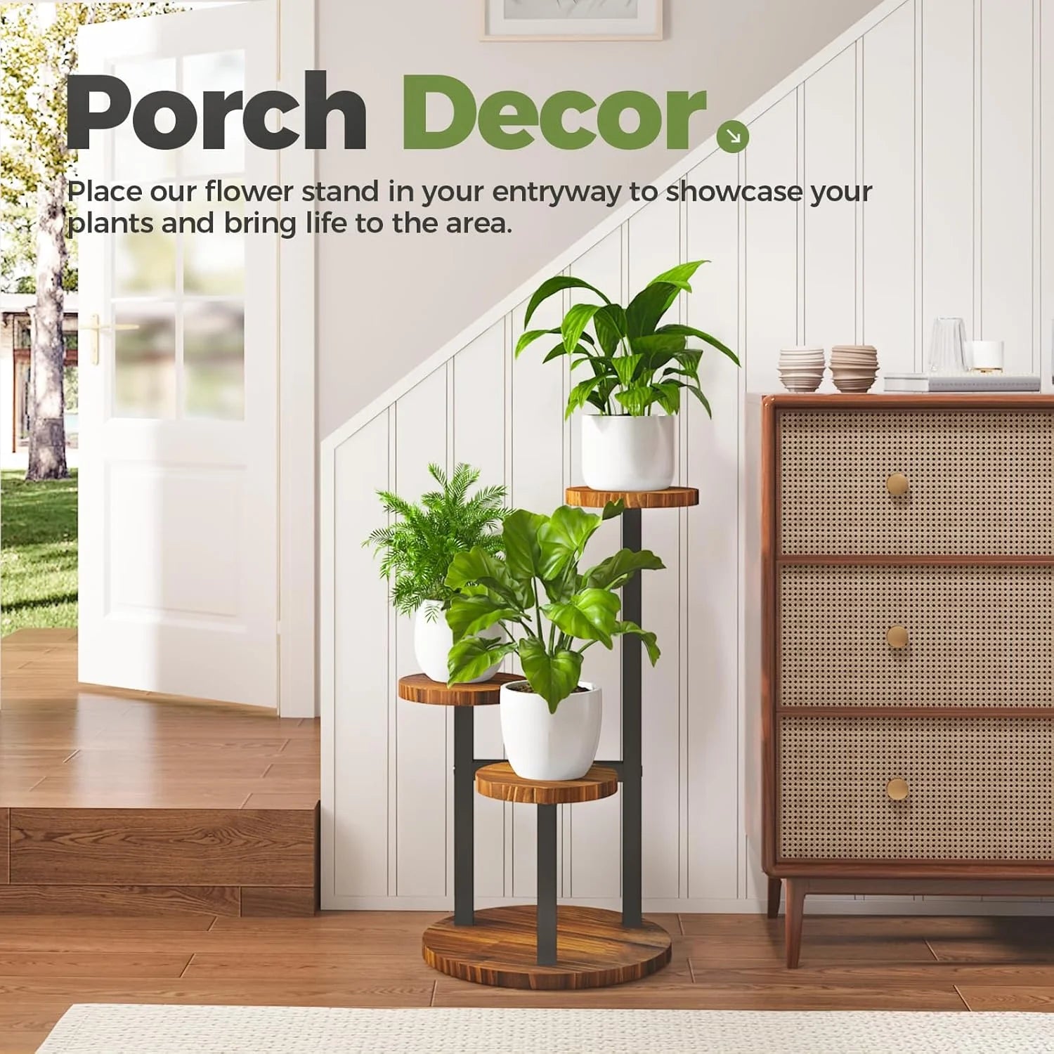 3 Tier Plant Stand, Tall Metal Wood Shelf Holder for Indoor, Outdoor Display Rack Flower Pot Stand for Corner Living Room Balcony Garden Patio