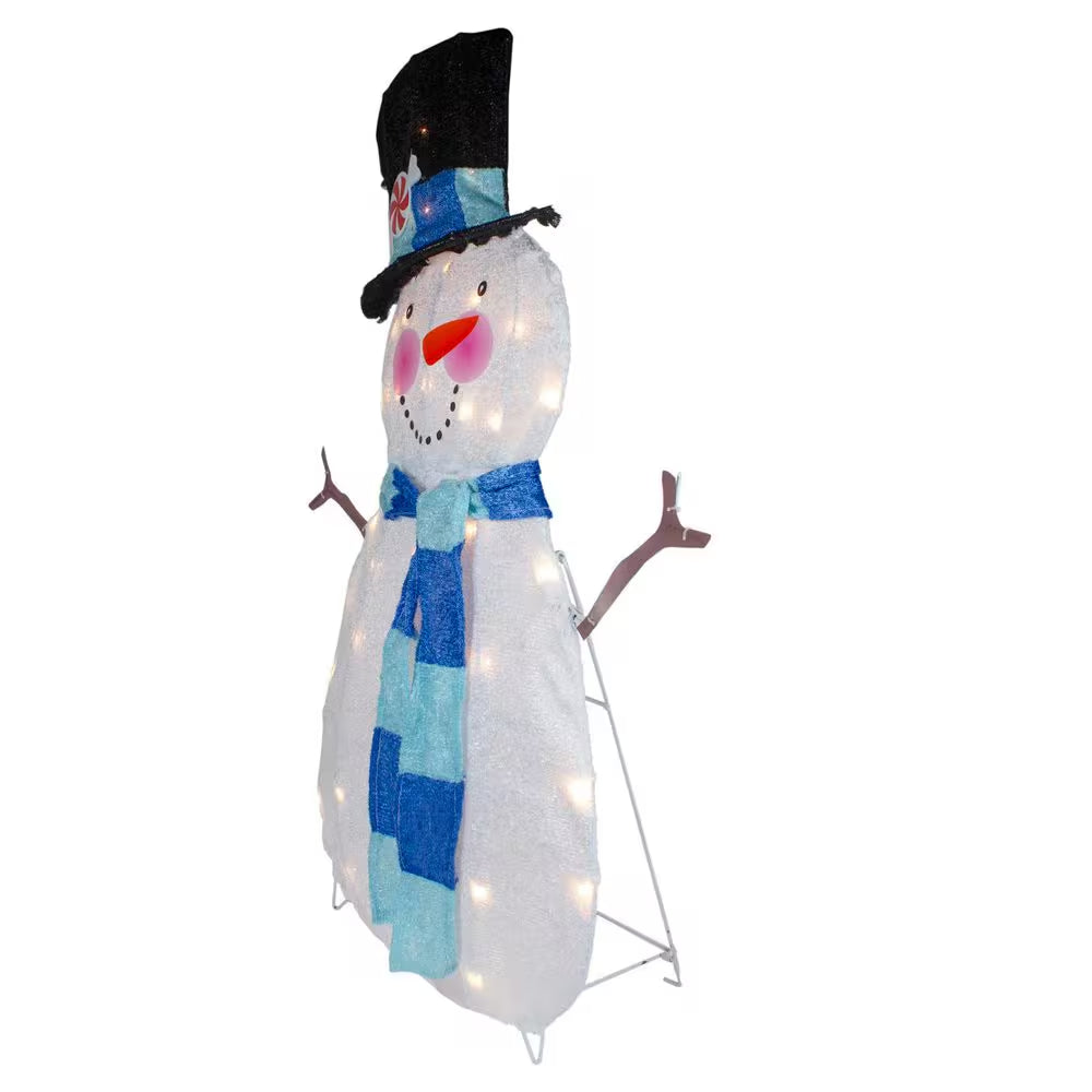 32 In. Lighted White and Blue Chenille Snowman Outdoor Christmas Decoration