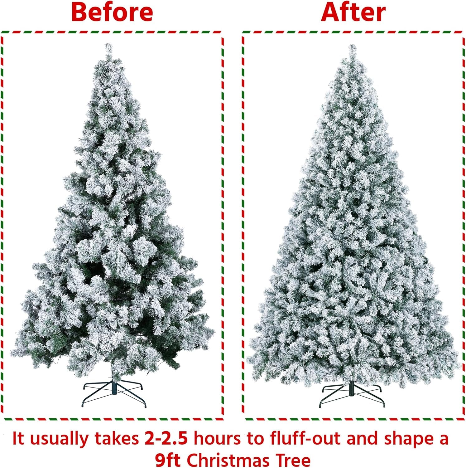 9FT Snow Flocked Pre-Lit Artificial Christmas Tree, Full Holiday Xmas Tree with Foldable Metal Stand