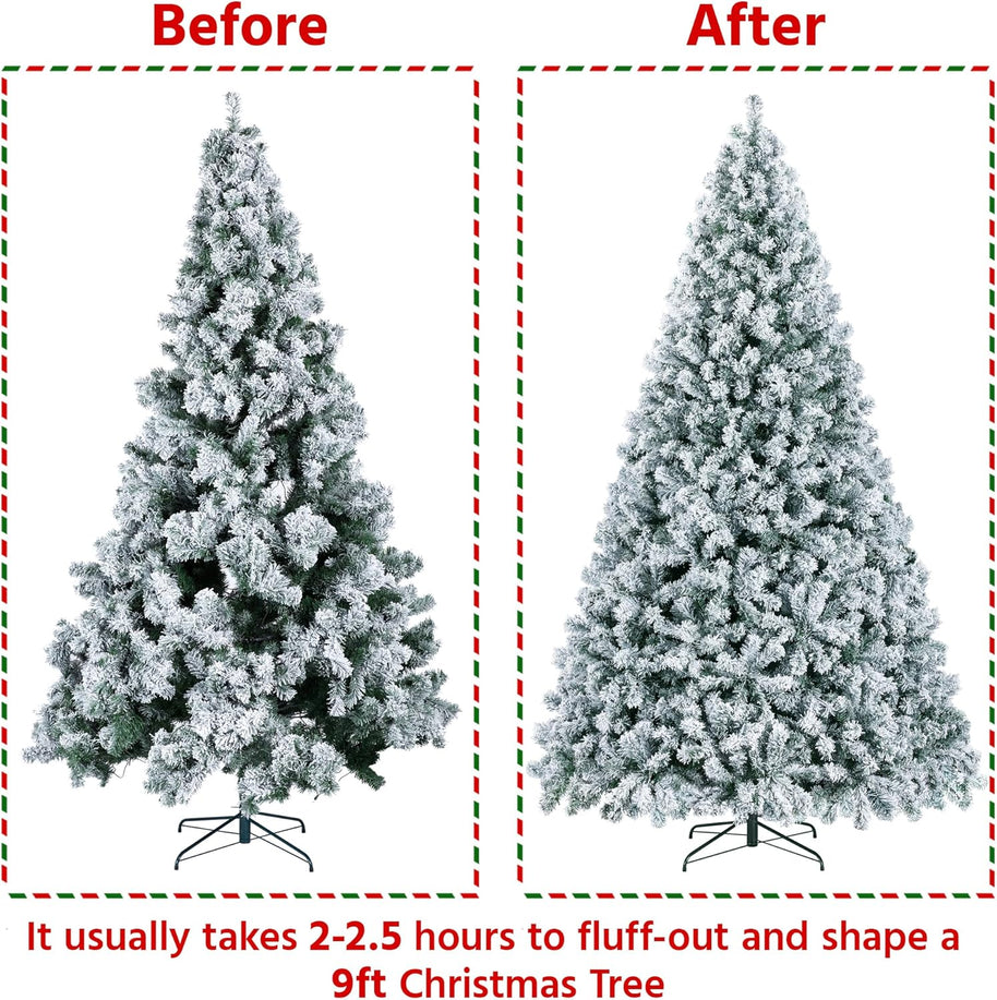 9FT Snow Flocked Pre-Lit Artificial Christmas Tree, Full Holiday Xmas Tree with Foldable Metal Stand
