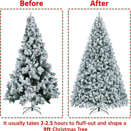 9FT Snow Flocked Pre-Lit Artificial Christmas Tree, Full Holiday Xmas Tree with Foldable Metal Stand