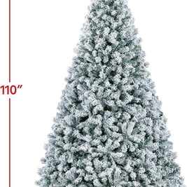 9FT Snow Flocked Pre-Lit Artificial Christmas Tree, Full Holiday Xmas Tree with Foldable Metal Stand