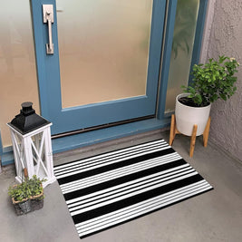 Fall Front Door Mat – Black & White Washable Handwoven Cotton Rug for Porch & Entryway