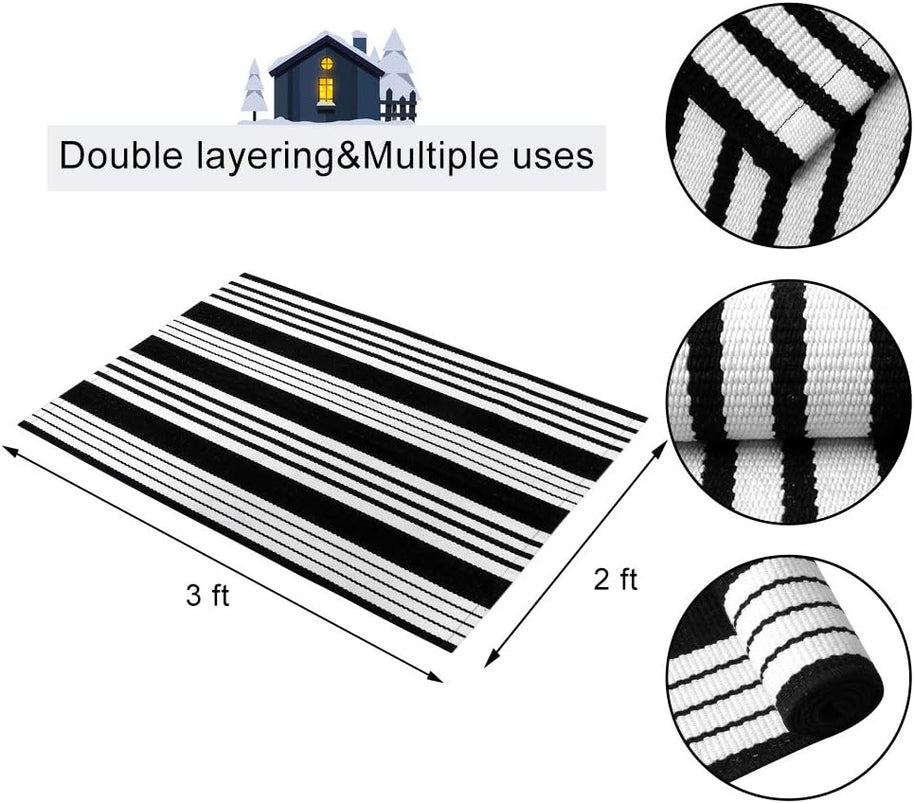 Fall Front Door Mat – Black & White Washable Handwoven Cotton Rug for Porch & Entryway