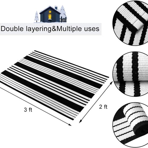Fall Front Door Mat – Black & White Washable Handwoven Cotton Rug for Porch & Entryway
