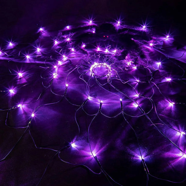 Halloween Spider Web Lights – 60 LED Purple with Fake Spider, 8 Modes Waterproof Net Lights for Indoor/Outdoor Halloween Garden, Yard & Patio