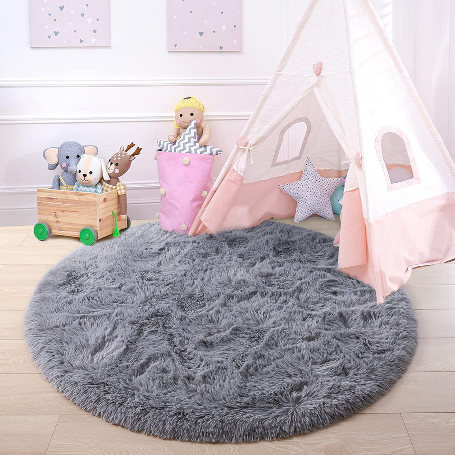 Round Fluffy Rug 5x5ft – Soft Plush Shaggy Carpet for Girls Bedroom & Nursery, Grey
