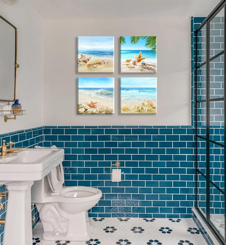 Beach Wall Art – Seashell & Starfish Ocean Canvas Prints for Bathroom or Bedroom