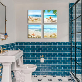 Beach Wall Art – Seashell & Starfish Ocean Canvas Prints for Bathroom or Bedroom