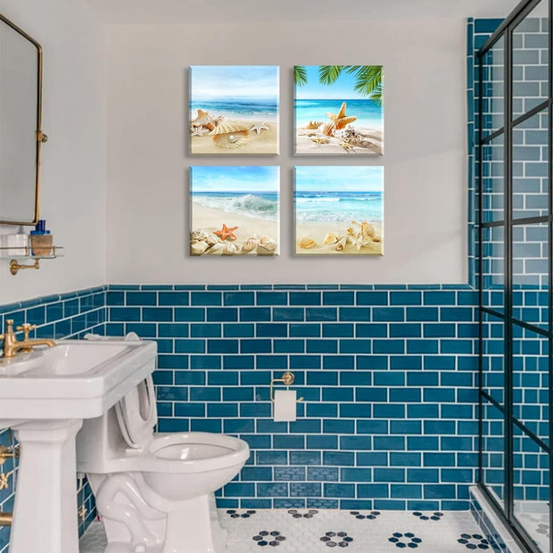 Beach Wall Art – Seashell & Starfish Ocean Canvas Prints for Bathroom or Bedroom