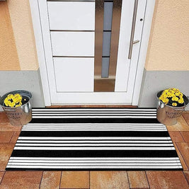Fall Front Door Mat – Black & White Washable Handwoven Cotton Rug for Porch & Entryway