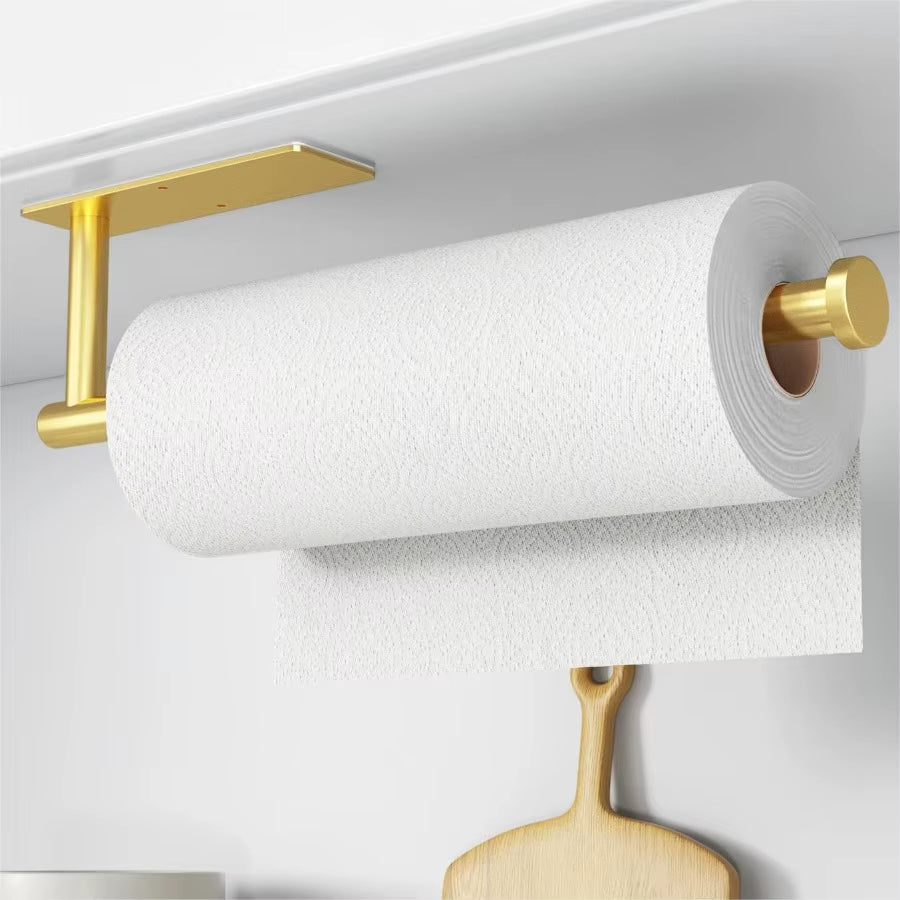 Gold Paper Towel Holder – Wall Mounted Stainless Steel Roll Dispenser for Kitchen or Cabinet