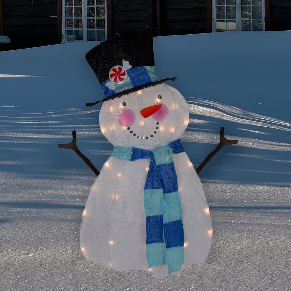 32 In. Lighted White and Blue Chenille Snowman Outdoor Christmas Decoration
