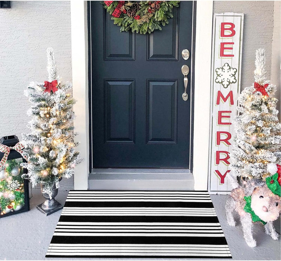 Fall Front Door Mat – Black & White Washable Handwoven Cotton Rug for Porch & Entryway