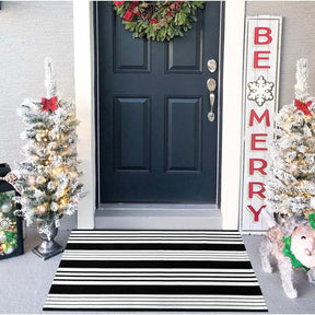 Fall Front Door Mat – Black & White Washable Handwoven Cotton Rug for Porch & Entryway