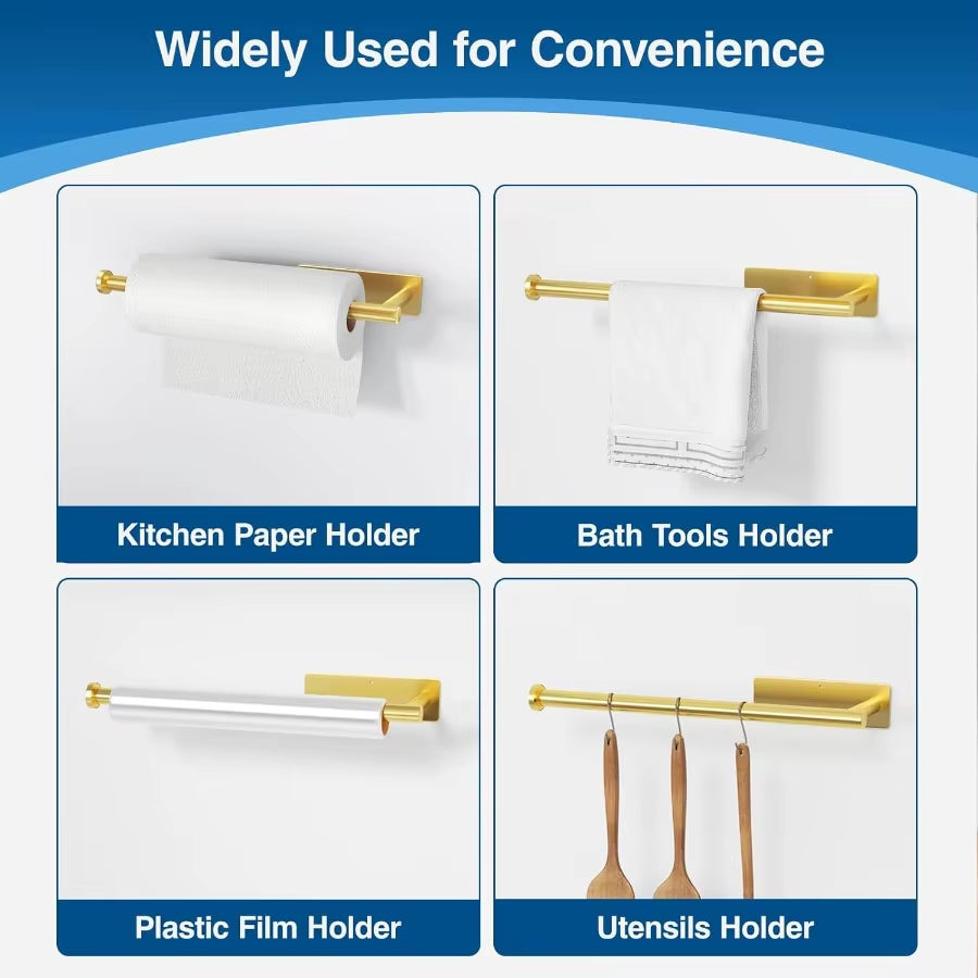 Gold Paper Towel Holder – Wall Mounted Stainless Steel Roll Dispenser for Kitchen or Cabinet