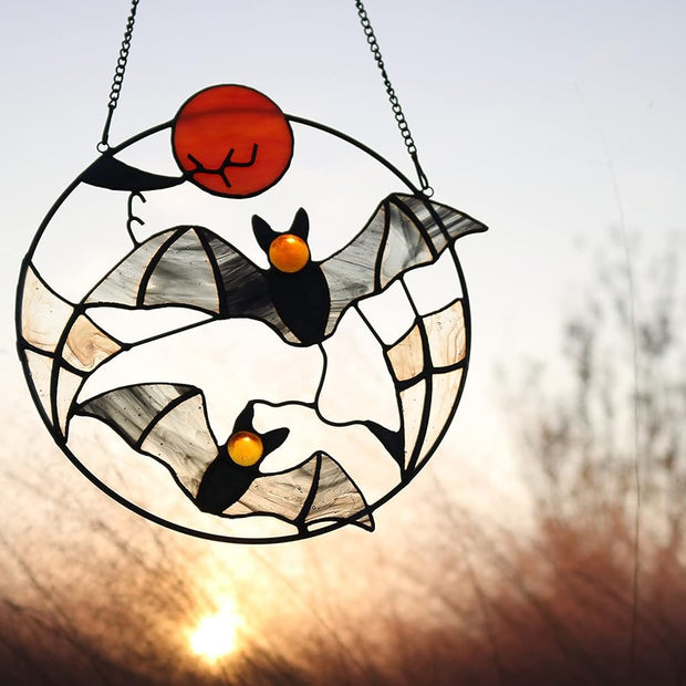 Halloween Bats Decor Stained Glass Window Hangings,Bat Stained Glass Suncatcher for Window,Halloween Party Decoration for Home Livingroom Bedroom