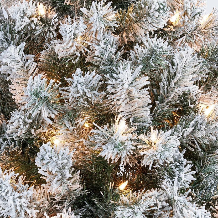 9FT Snow Flocked Pre-Lit Artificial Christmas Tree, Full Holiday Xmas Tree with Foldable Metal Stand