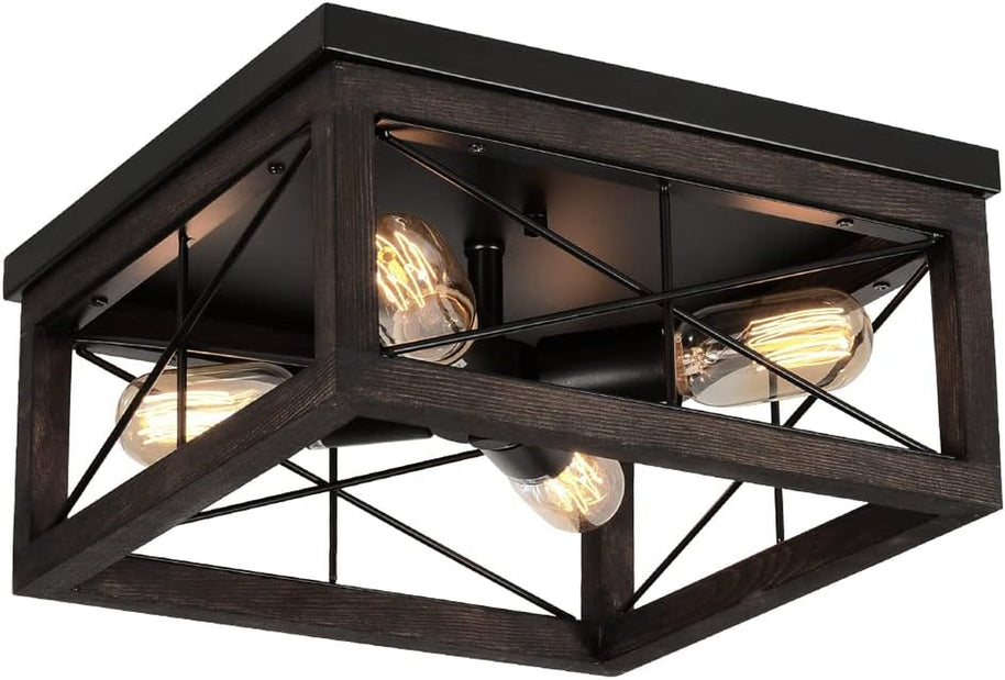 Rustic Wooden Flush Mount Ceiling Light – 4-Light Farmhouse Fixture for Home
