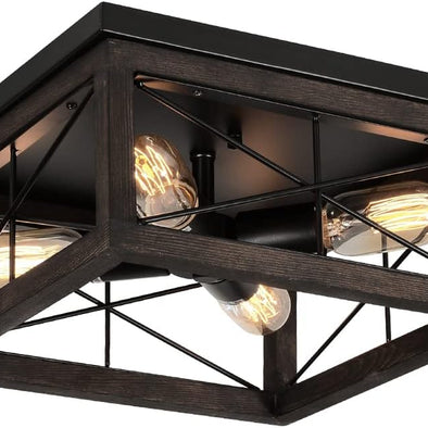 Rustic Wooden Flush Mount Ceiling Light – 4-Light Farmhouse Fixture for Home