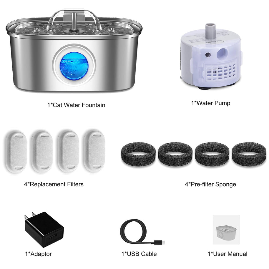 Stainless Steel Cat Water Fountain – 3.2L Pet Drinking Dispenser with Filters