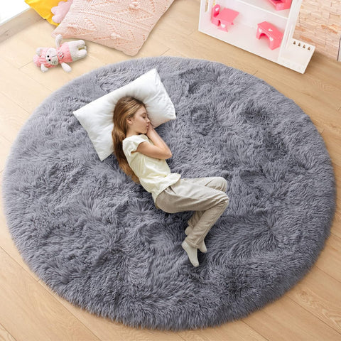 Round Fluffy Rug 5x5ft – Soft Plush Shaggy Carpet for Girls Bedroom & Nursery, Grey